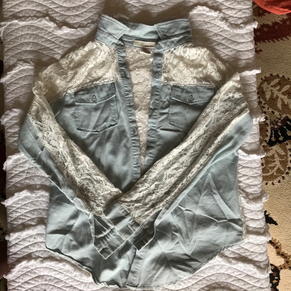 Jean and white lace long sleeved button up shirt